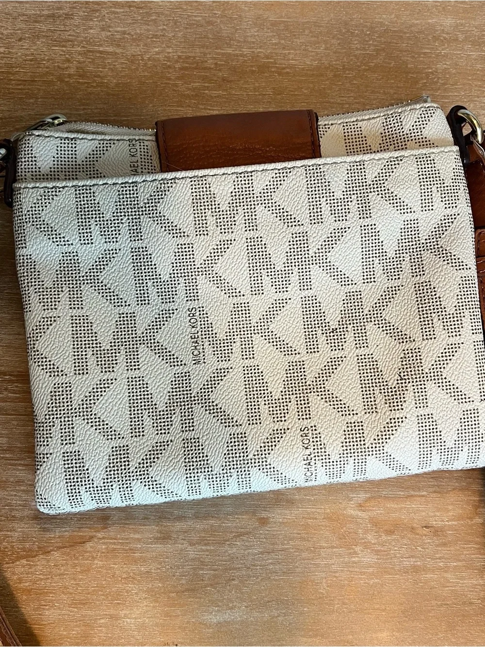 Michael Kors Cream and Brown MK Logo Crossbody Bag